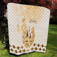 White quilt with diamond quilting, gold Kentucky horse crest, and diamond hem border