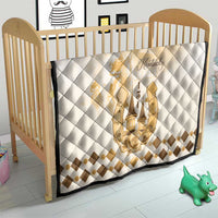 White and beige quilt with diamond quilting, gold Kentucky horse emblem, and gold trim