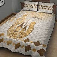 Beige quilt with gold horse graphic and “Kentucky” script, brown trim and check details