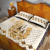 Beige horse racing quilt bed set with gold check trim and horse embroidery