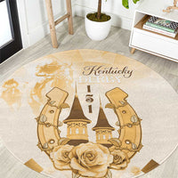 Beige round carpet with Kentucky Derby graphic, horses, castle and roses