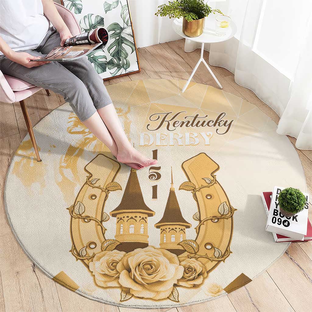 Beige round carpet with Kentucky Derby horse-and-castle design and roses