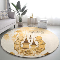 Beige round carpet featuring Kentucky Derby logo with horses, castle and roses