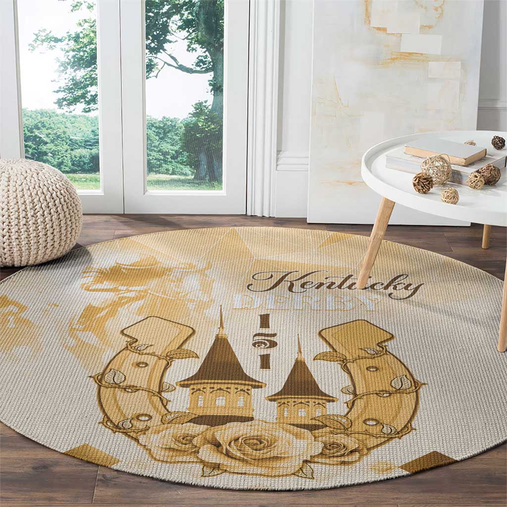 Beige round carpet with Kentucky Derby title, horses and castle scene with roses