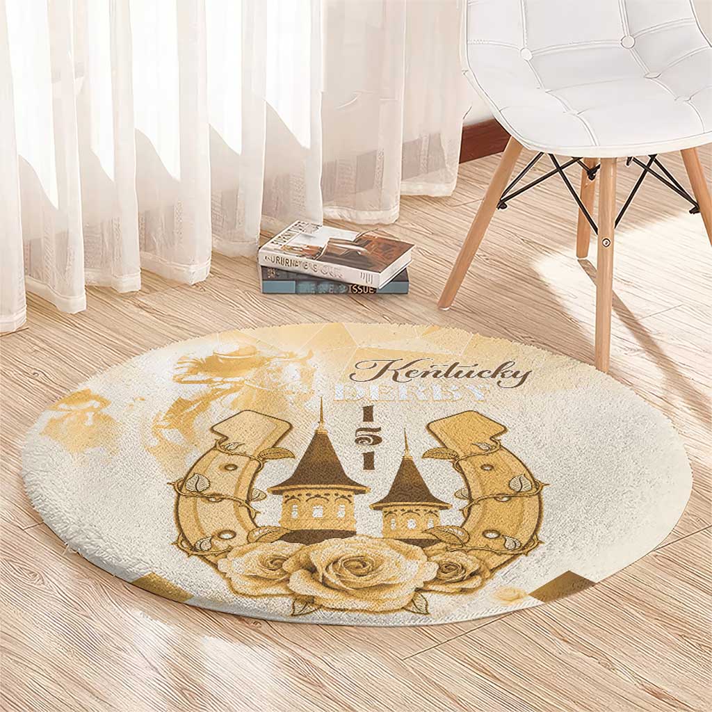 Beige round carpet with Kentucky Derby graphic, horses, castle and roses