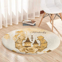 Beige round carpet with Kentucky Derby graphic, horses, castle and roses