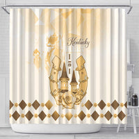 Beige shower curtain with gold Kentucky Derby badge, roses, and diamond pattern along bottom