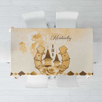 Beige 151st anniversary Kentucky horse racing tablecloth with gold crest and figures