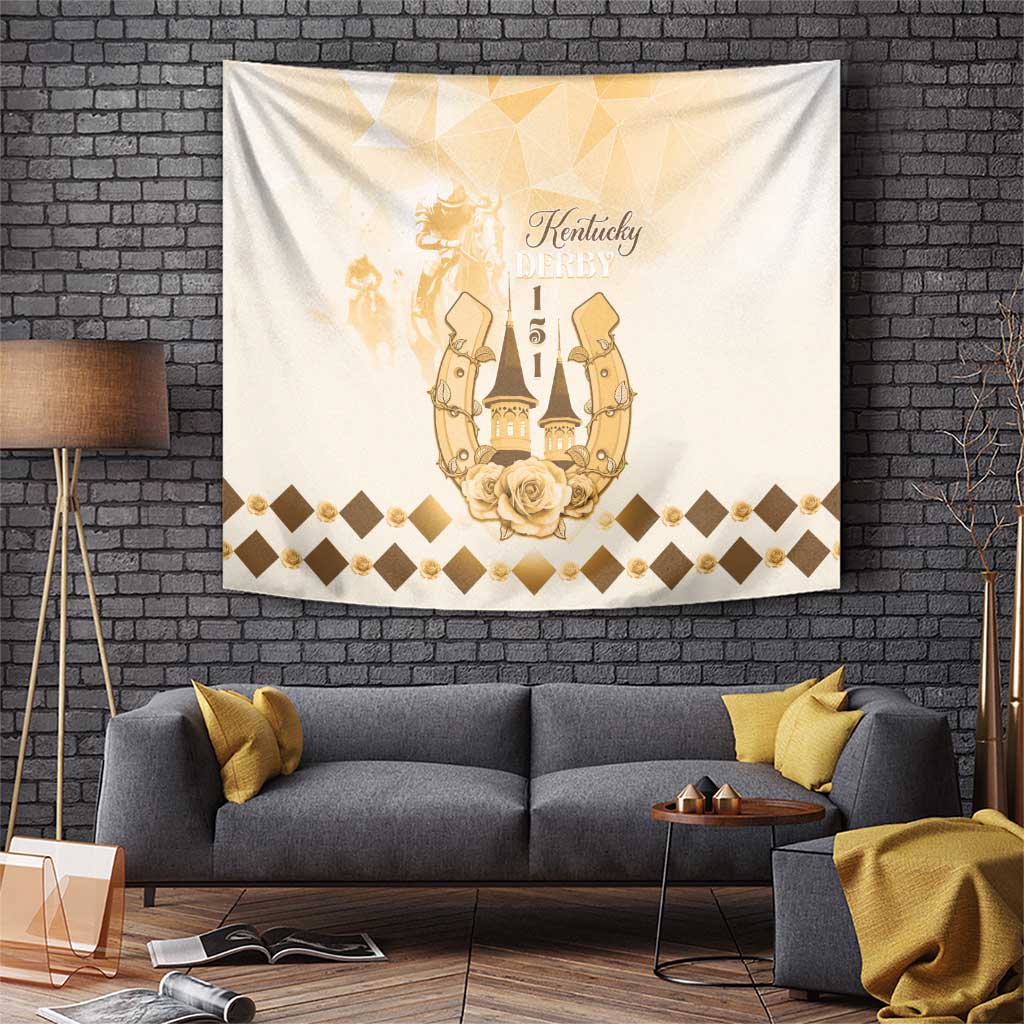Beige wall tapestry with gold Kentucky Derby 151 design, roses, and diamond border.