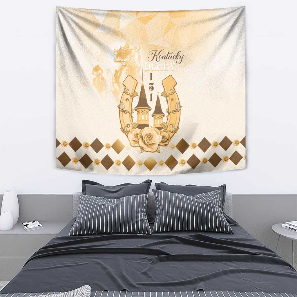 Beige tapestry featuring gold Kentucky Derby 151 horseshoe, roses, and diamond trim.