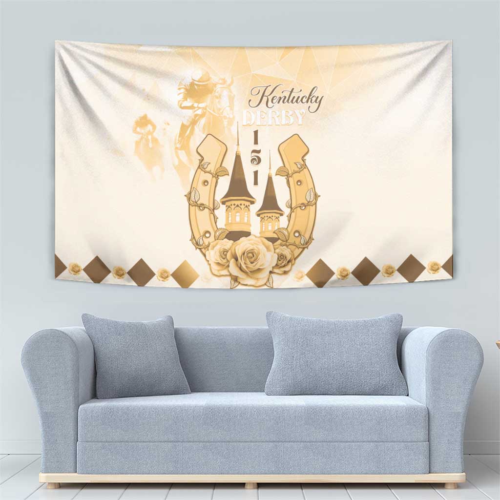 Beige tapestry showing gold Kentucky Derby 151 emblem, roses at bottom, and diamond border.