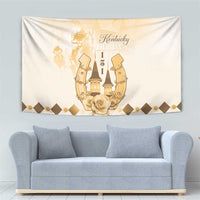 Beige tapestry showing gold Kentucky Derby 151 emblem, roses at bottom, and diamond border.