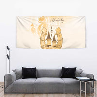 Beige tapestry with gold Kentucky Derby 151 artwork, horseshoe frame, roses, and diamond line.