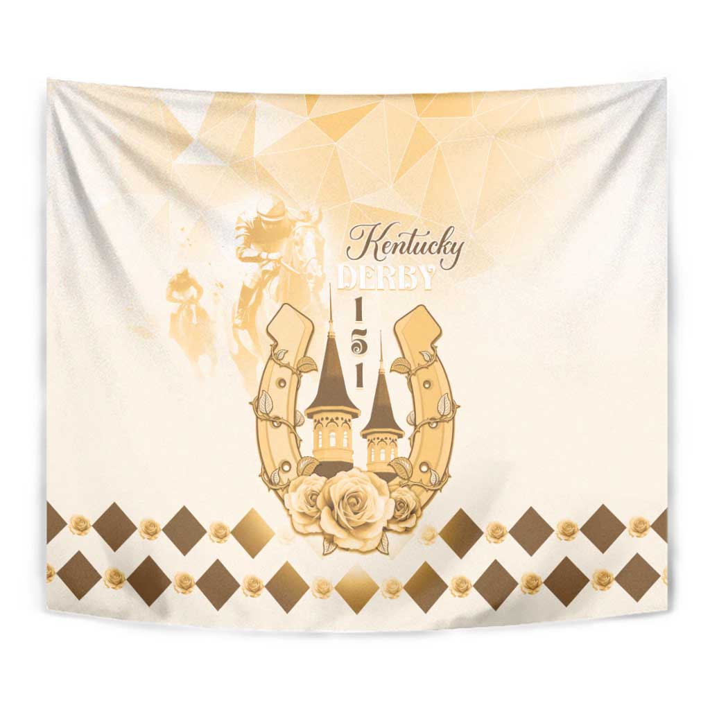 Beige tapestry close-up with gold Kentucky Derby 151 emblem, roses, and diamond border.
