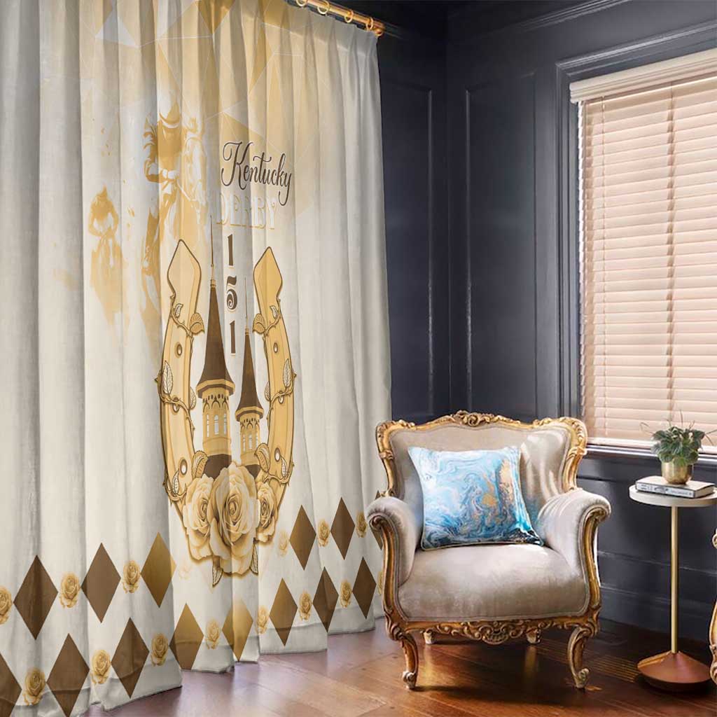 Beige window curtain with gold horse-themed print and diamond border near armchair