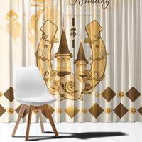 Beige curtain panel with gold Kentucky Derby lettering, horses, and diamond pattern