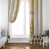 Beige window curtain with gold horse artwork and diamond hem border, side tied