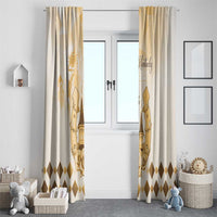Beige window curtain with gold horse-themed print and diamond hem border