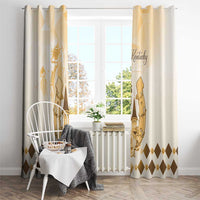 Beige window curtain with gold horse emblem print and diamond hem border, rod hung