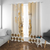 Beige window curtain with gold horse and lettering motif and diamond lower border
