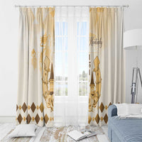 Beige window curtain with gold jockey and horse artwork and diamond bottom border
