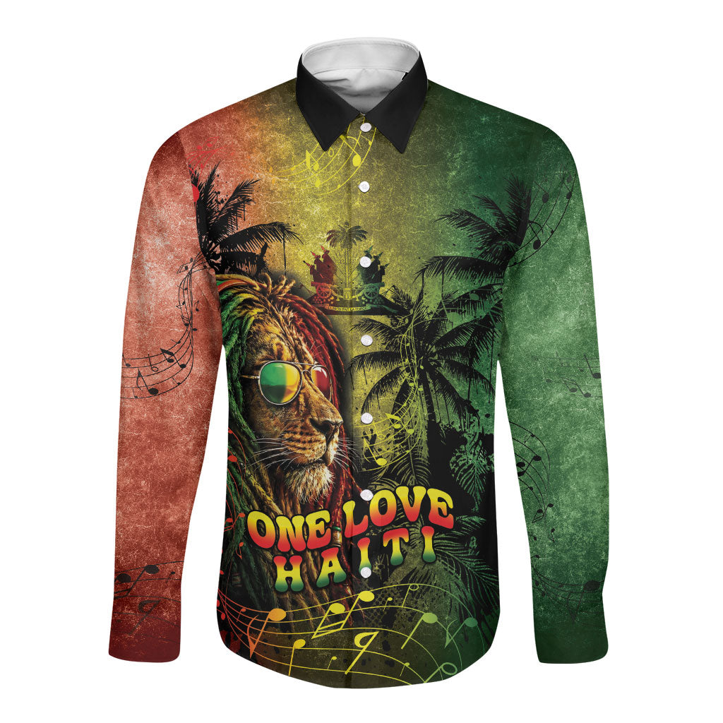 One Love Afro Haiti Long Sleeve Button Shirt Rastafarian Lion Reggae Grunge Style