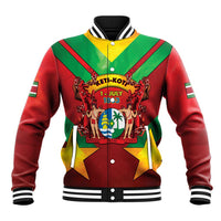Red varsity baseball jacket with black collar, striped ribbed cuffs, and colorful crest graphic
