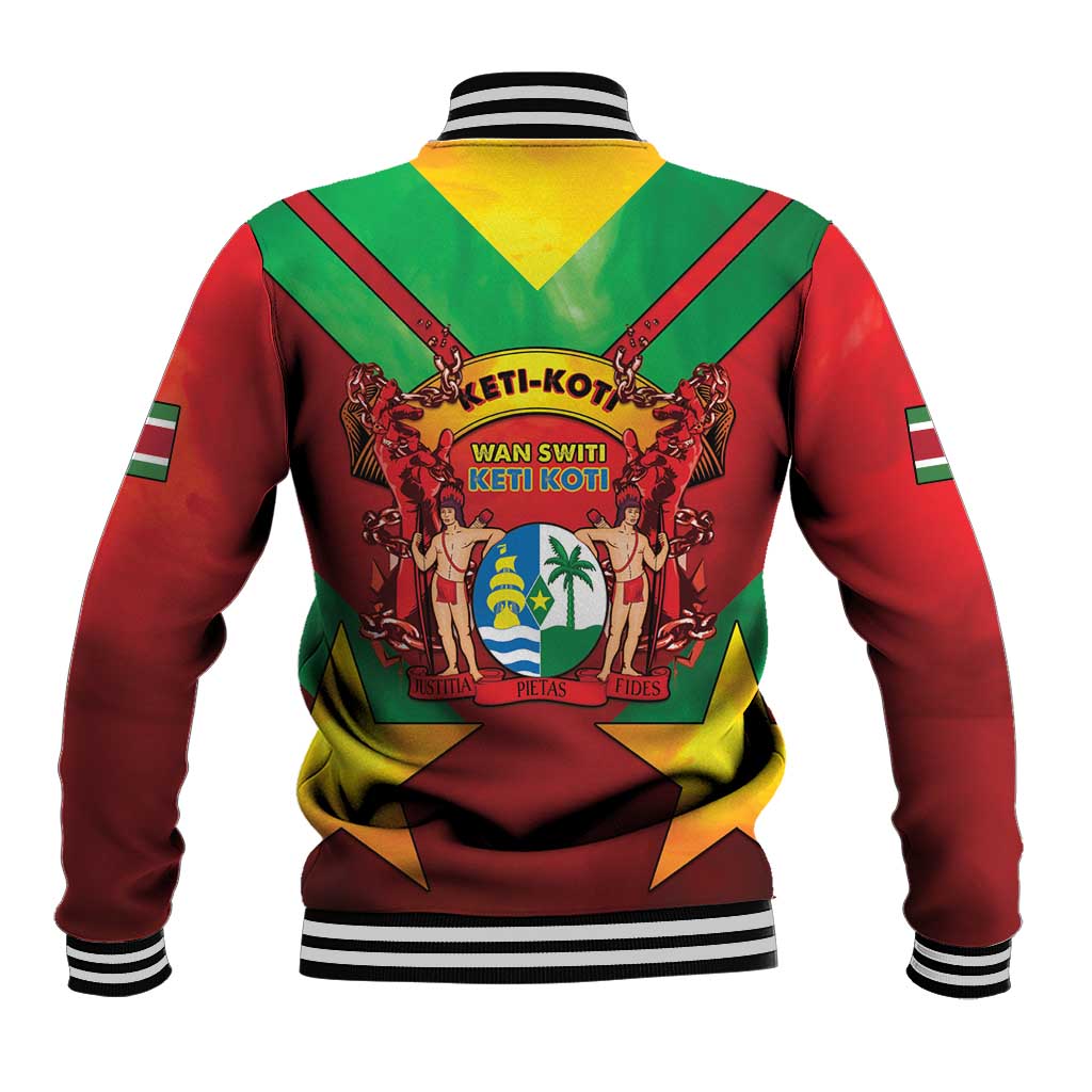 Back view of red varsity baseball jacket with green and yellow panels, striped ribbed collar, crest