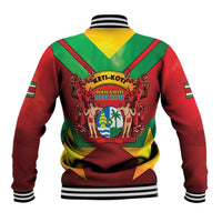 Back view of red varsity baseball jacket with green and yellow panels, striped ribbed collar, crest