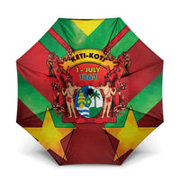 Open umbrella with red, green, and yellow geometric panels and central crest print