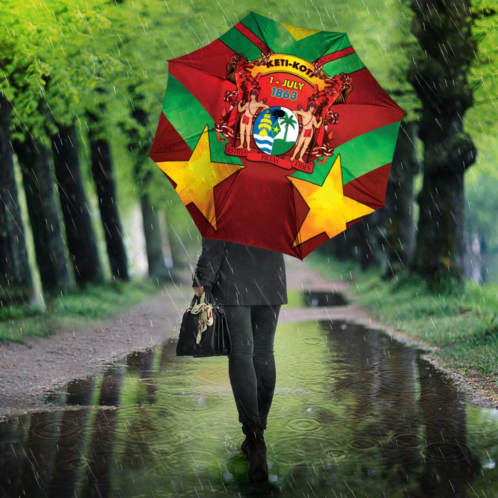 Open umbrella with red, green, and yellow geometric star pattern and crest