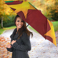 Close view open umbrella canopy in red, green, and yellow with star and crest