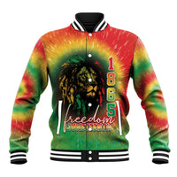 Rainbow tie-dye baseball jacket with black lion graphic and Juneteenth text, front