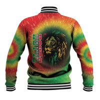 Back view rainbow tie-dye baseball jacket with black lion graphic and vertical Juneteenth text