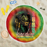 Round beach blanket with rainbow tie-dye lion, 1865 Freedom Juneteenth text, fringe border