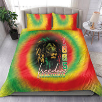 Reggae tie-dye bedding set with lion graphic, 'Freedom Juneteenth' text on duvet