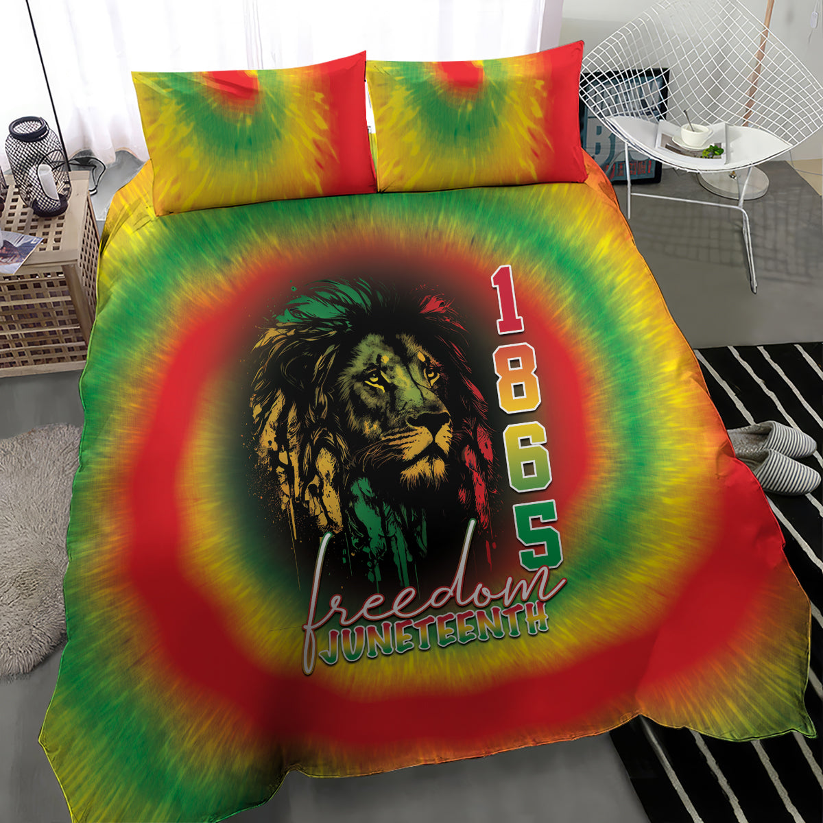 Reggae tie-dye duvet and pillowcases featuring a lion portrait and 'Freedom Juneteenth' print