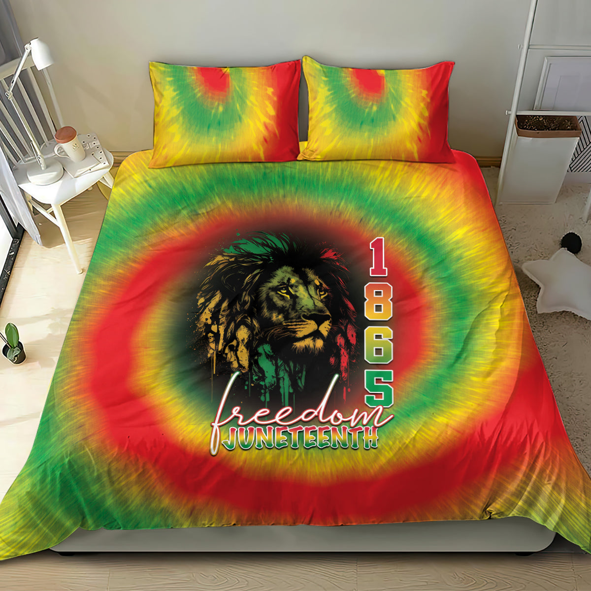 Reggae tie-dye bedding set with lion portrait and 'Freedom Juneteenth' on duvet