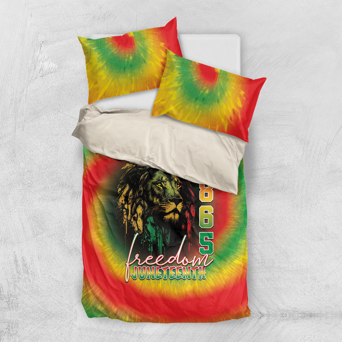 Reggae tie-dye comforter set with lion graphic and 'Freedom Juneteenth' plus two pillowcases