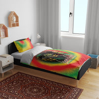 Reggae tie-dye bedding set with lion graphic and 'Freedom Juneteenth' duvet on bed