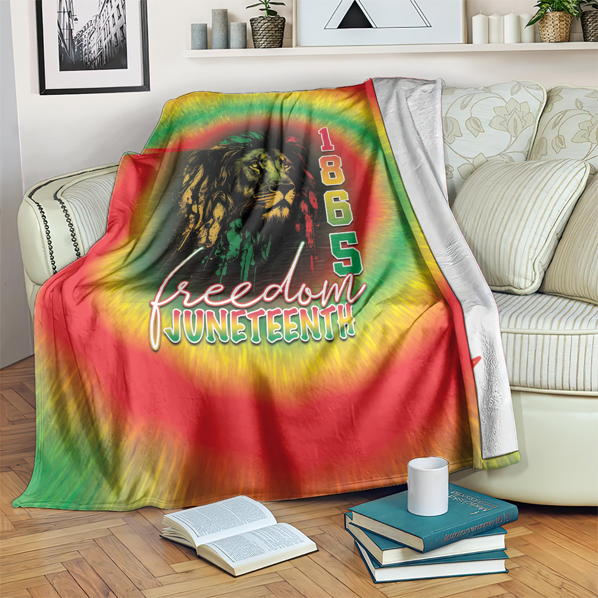 Rainbow tie-dye Juneteenth Freedom Day blanket with lion face and “1 8 6 5” text