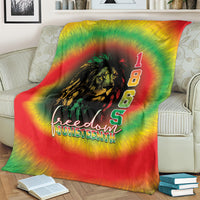 Rainbow tie-dye blanket with lion face, “1 8 6 5,” and “freedom JUNETEENTH”