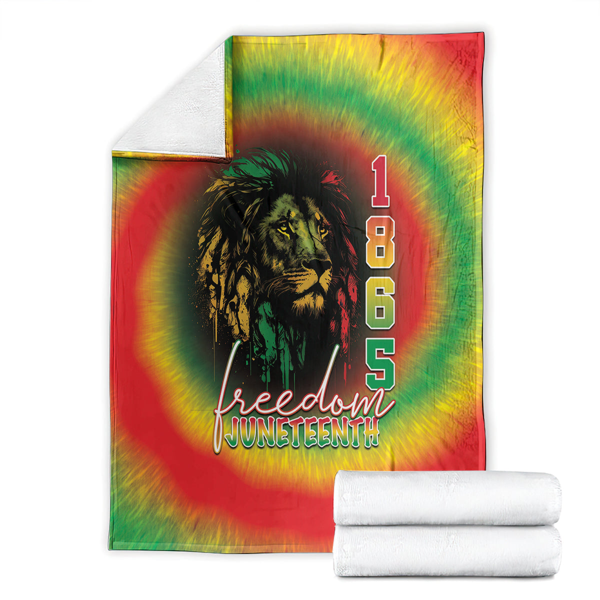 Rainbow tie-dye Juneteenth blanket with lion art, “1 8 6 5,” and “Freedom Juneteenth”