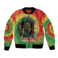 Unisex tie-dye bomber jacket with front lion graphic, ‘Free from Juneteenth’, 1865