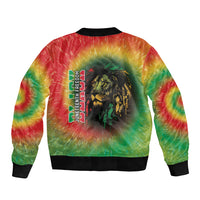 Unisex tie-dye bomber jacket with centered lion graphic and vertical Juneteenth text