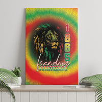 Juneteenth canvas wall art on stand, reggae tie-dye lion with “Freedom Juneteenth” and “1865”.