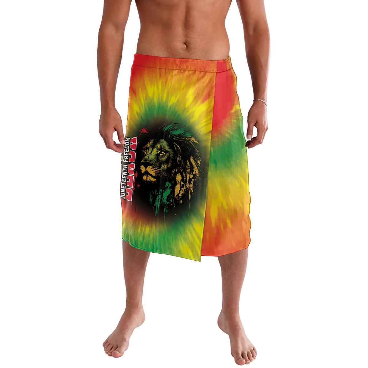 Knee-length tie-dye wrap shorts with lion graphic and vertical Juneteenth text