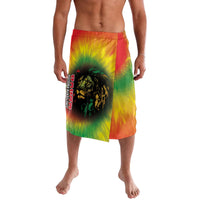 Knee-length tie-dye wrap shorts with lion graphic and vertical Juneteenth text
