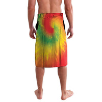 Knee-length tie-dye wrap shorts, red waistband and green-yellow-orange gradient