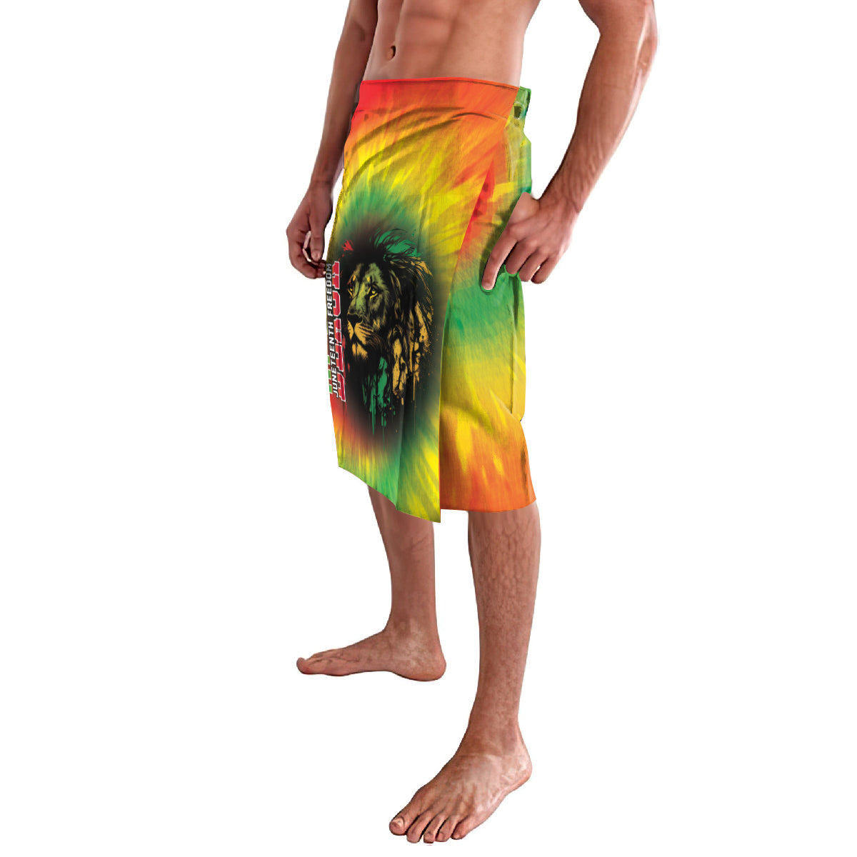 Knee-length tie-dye wrap shorts, lion artwork centered and colorful gradient print